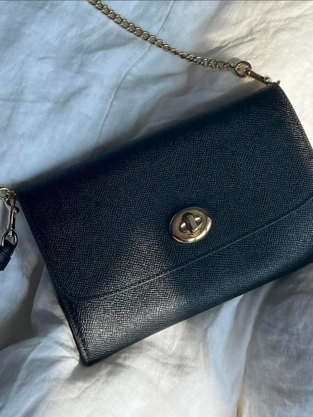 Coach Black Textured Leather Crossbody with Gold Chain